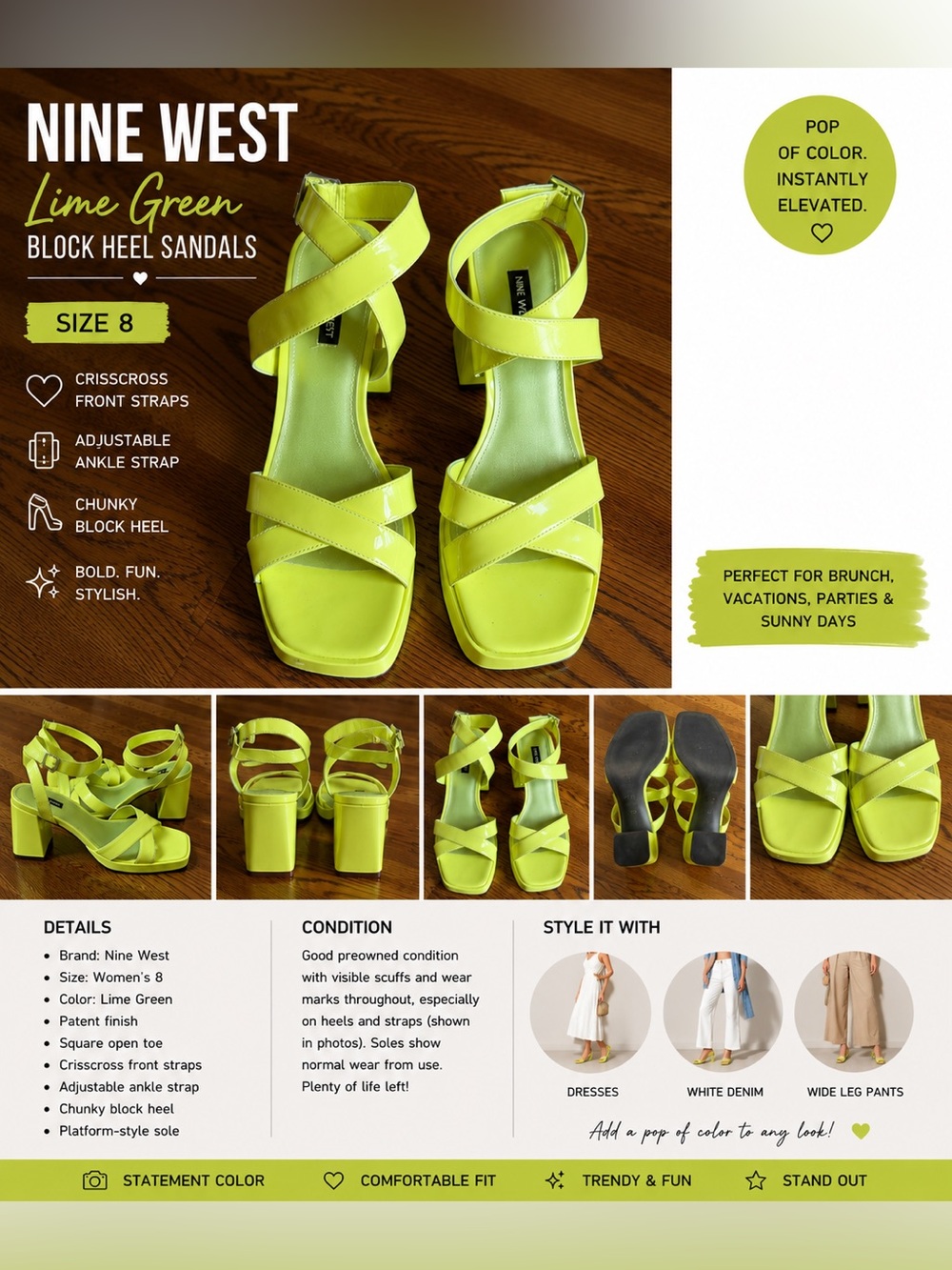 Nine West Lime Green Block Heel Sandals – Women’s Size 8.5